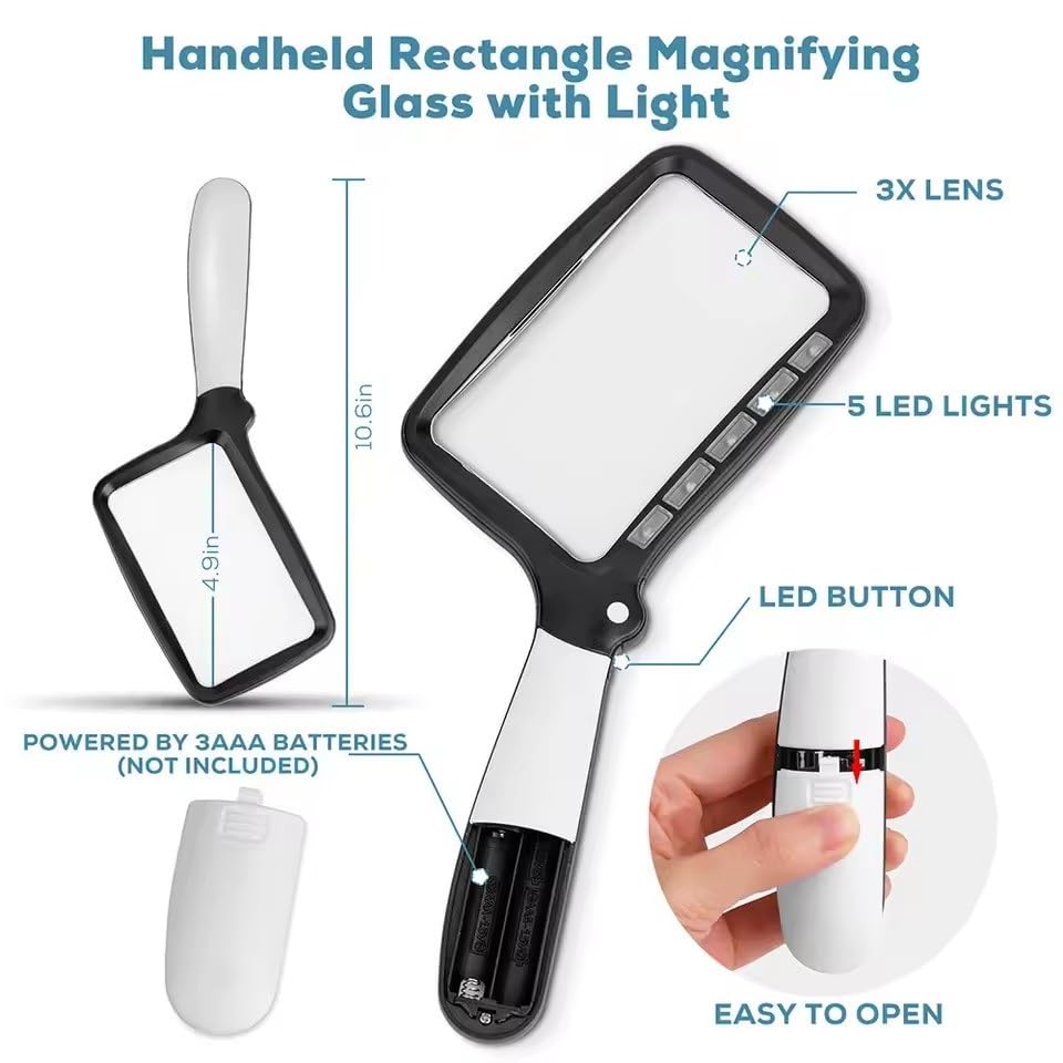 3-fache Lupe mit klappbarem Griff, dimmbar, LED-Licht, beleuchtete Leselupe