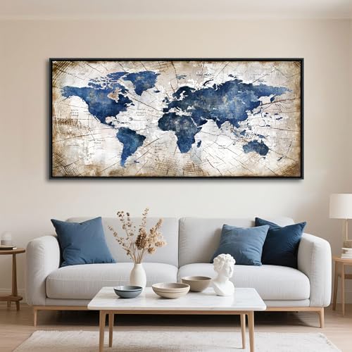 Image of World Map Canvas Wall Art Navy World Maps for Wall Vintage Modern Wall Art for Office Framed Pictures for Living Room Bedroom Wall Decoration for Home Office Decor Artwork for Walls 29x58IN