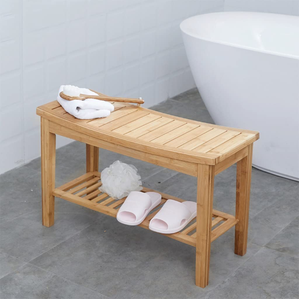 Banco de ducha de bambú con estante de almacenamiento y reposapiés antideslizante, cambiador de zapatos para baño, sala de estar, dormitorio, entrada, vestíbulo, pasillo