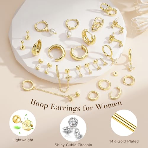 Turandoss 13 Pairs Gold Hoop Earrings for Women, Hypoallergenic 14K Gold Plated Hoop Stud Huggie Pearl Earring Set, Dainty Flat Back Cartilage Earring Stacks for Multiple Piercings - Image 3