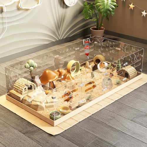 PEJOYT Acrylic Guinea Pig Cages - Large Habitat for Guinea Pigs, Small Animals Cage Without top, Easy-to-Clean Disposable Bottom,3 PCS Waterproof Paper,12 Panels