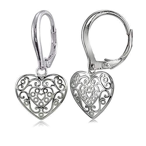 Sterling Silver High Polished Filigree Heart Leverback Drop Dangle Earrings for Women