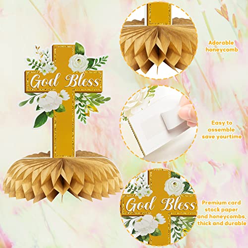 12Pcs White Gold Floral Roses Greenery God Baptism Honeycomb Centerpieces Baby Shower Decorations For Boy Girl Party Decor 3D Table Toppers God Bless First Communion Birthday #TOP2