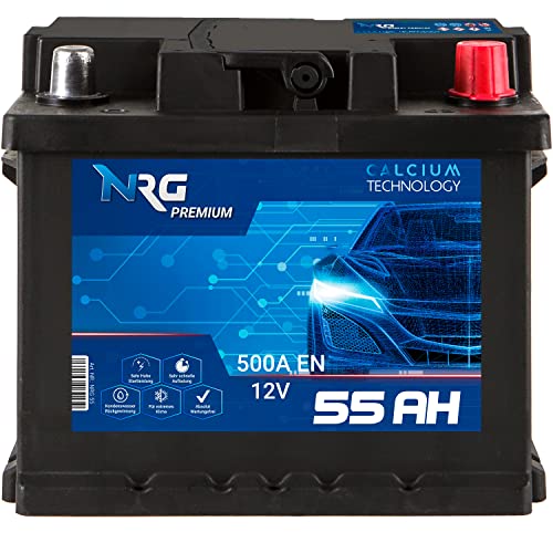 NRG Premium Autobatterie 12v 55Ah 500A/EN Starterbatterie Batterie ersetzt 45Ah 47Ah 50Ah 52Ah 53Ah 54Ah