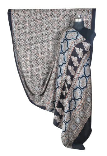Image of Ethnics of Kutch Womenss Ajrakh Modal Silk Natural Dye Hand Block Print Saree with Blouse Piece - 5.5 Mtr Length