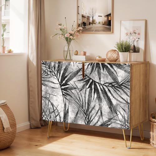SIGNWIN Sideboard Buffet Cabinet, Kitchen Storage Cabinet with 2 Doors, Black Tropical Palm Leaves Patterns, Cupboard Console Table for Dining Room- 35