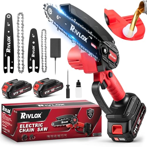 Rivlox Mini Chainsaw,6 & 4 inch Electric Chainsaws Cordless Battery Powered, One-Hand Portable Handheld Saw for Trees Trimming Wood Cutting,Chain Saw Gift for Men Dad Husband Women (Red-2 Battery)