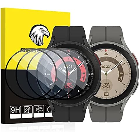 SPGUARD【4 Pack】 Full Galaxy Watch 5 Pro 45mm Screen Protector Tempered Glass for Samsung Galaxy Watch5 45mm Smart Watch [2.5D 9H Hardness][Anti-Scratch][Black Edge](NOT for Other Models) Cover