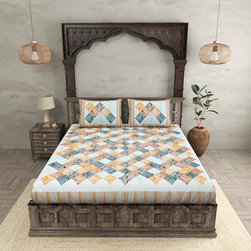 Image of JaipurFabric Cotton 210 TC Ethnic Tiles Bedsheet for Double Bed with 2 Pillow Covers (90 inch X 108 inch), Blue