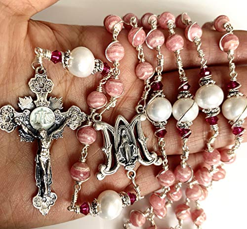 elegantmedical Handmade Sterling Silver Wire Wrapped UNDOUBTED RHODOCHROSITE &10mm Real Pearl Beads Rosary Cross/Crucifix Necklace Box Catholic Womens Gift4
