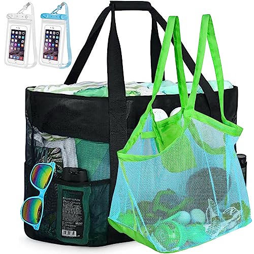 Mesh Beach Bag [Family Set] Extra Large Beach Tote Bag with Zipper Foldable Beach Toy Bag For Sand Toys & Women Vacation Essentials