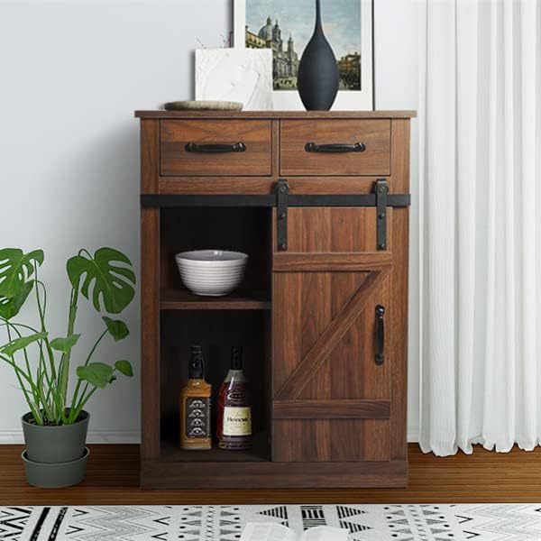 AILEEKISS Side Storage Cabinet with Adjustable Shelf Cupboard Sideboard Multipurpose Cabinet Cupboard with Sliding Barn Door for Entryway Bathroom Living Room Kitchen (Brown)