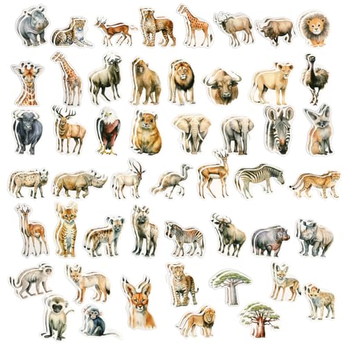 100St Tieraufkleber, Realistisch Wildtier Aufkleber Wasserfest Aufkleber Tiere Dschungel Zoo Aufkleber Safari Tiere für Kinder Wasserflaschen Laptops Skateboards Sammelalben Partygeschenke