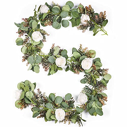 TOPHOUSE Artificial Eucalyptus Garland with Flowers Real Touch 6.5ft Eucalyptus Flower Garland with White Roses for Wedding Table Mantle Wall Farmhouse Backdrop Decor