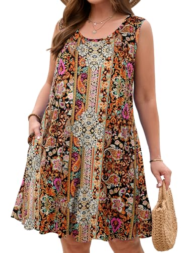 Image of JollieLovin Women Plus Size Curvy Summer Tank Sun Dresses Sleeveless Causal T-Shirt Dress Beach Swing Cover up(L-5X)