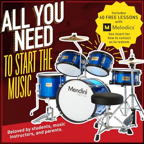 Mendini by Cecilio Kids Drum Set, 5 Piece 16 Inch Junior Drums Kit with Bass, Toms, Snare Drum, Cymbal, Hi-Hat, Drumsticks & Seat for Beginner Student (Metallic Blue)
