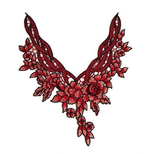 Chinese Style Rose Flower Applique Lace Embroidered Neckline Neck Collar for Home Handmade Apparel Sewing Accessories 1Pc (Orange red)