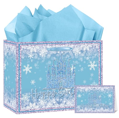 frozen Snowflake Princess Castle Girl Gift Bag Large Snowflake Birthday Gift Bag Includes Greeting Card and Tissue Paper Snowflake Themed Party Decorations Suitable for Girls Winter Themed Birthday Supplies