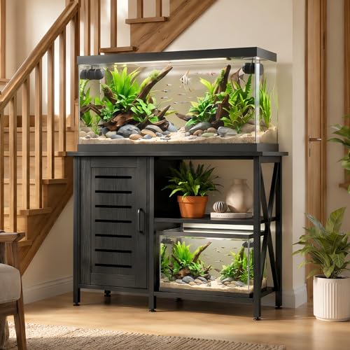 Image of Herture 40-50 Gallon Fish Tank Stand, Aquarium Stand with Cabinet Accessories Storage, Heavy Duty Metal Frame, 40.55 inch L*18.89 inch W Tabletop, 850LBS Capacity, Black PG02YGB