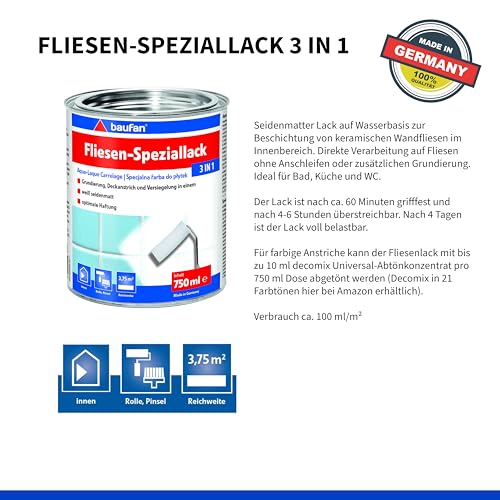 Baufan Fliesen-Speziallack 3 in 1 weiß seidenmatt - Fliesenlack Badezimmer, Küche und Innen-Wohnräume, Fliesenfarbe für Deckanstrich, Grundierung & Versiegelung