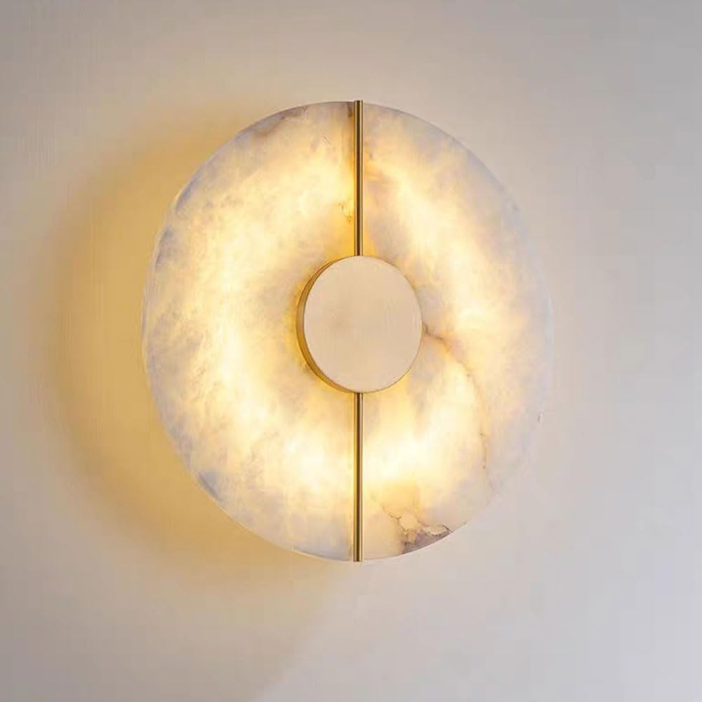 GUOGUOSM 7.8in Round Alabaster Wall Light, Nordic Minimalist Style Indoor Wall Sconce, Hard Wiring Connection Marble Wall Lamp, Bedroom Dining Room Dressing Table Decorative Lighting Fixtures