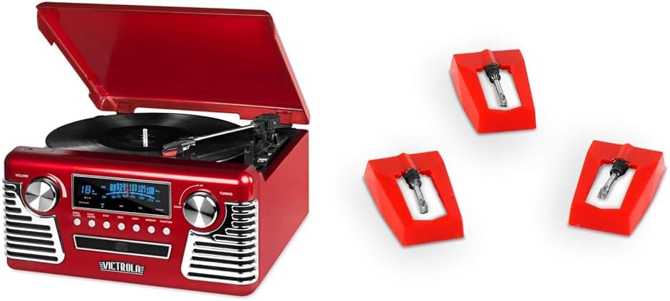 Victrola 50's Retro Bluetooth Record Player & Multimedia Center with Built-in Speakers - 3-Speed Turntable & 3 Pack Turntable Replacement Needles for Various Victrola Record Players, White
