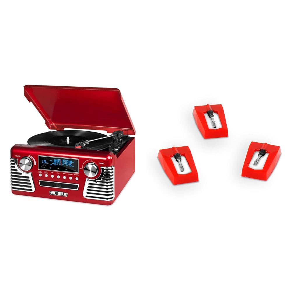 Victrola50's Retro Bluetooth Record Player & Multimedia Center with Built-in Speakers - 3-Speed Turntable & 3 Pack Turntable Replacement Needles for Various Victrola Record Players, White