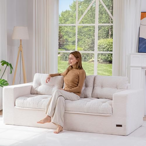 Image of MAXYOYO 79 inch Loveseat Sofa Couch for Small Spaces, Upholstered Boneless Cloud Couch for Apartment Bedroom, 2-Seater Love Seat Floor Modern Sofa with Pillows, No Assembly Required, Beige