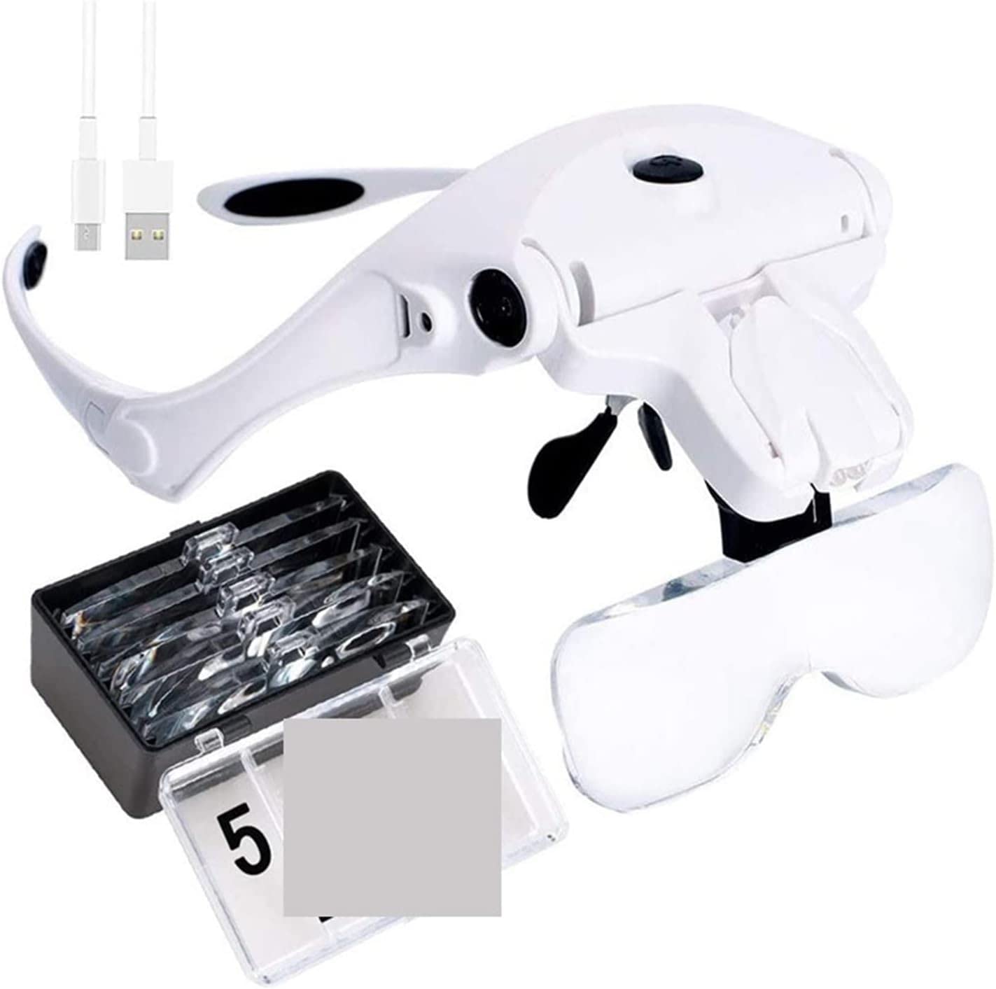 Lámpara de lupa manos libres, lupa con cabeza de cabeza de carga USB con luz LED, joyería, reloj de manualidades, 5 lentes, cuello de cisne flexible, brazo de matrimonio,