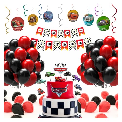Image of Wanna Party Car Theme Birthday Decoration for Boys - 20 Red & 20 Black Balloons, Car Birthday Banner, 12 Car Swirl Hangings & Cake Toppers | Complete Racing Party Decoration for Kids Birthday