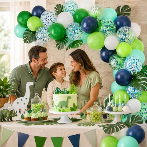 Image of Blue and Green Balloons 60PCS Green and Blue Balloon Set, 12 Inch White Metallic Confetti Latex Balloon for Jungle Dinosaur Kids Boys Birthday Baby Shower Wedding Graduation Party Decor