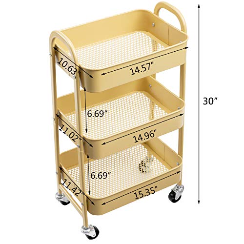 Agtek Makeup Cart, Movable Rolling Organizer Cart, Khaki Yellow 3 Tier Metal Utility Cart #TOP2