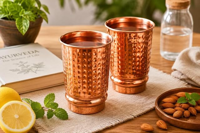 Benefici Per La Salute Secondo L'Ayurveda - Set Di 8 Bicchieri In Vetro Resistente Rame Puro Martellato Capacità 350 Ml