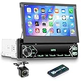 Orderich Single Din Flip Out Car Radio with Bluetooth iOS/Android Mirror Link,7 Inch Touch Screen Car Stereo 1 Din with Backup Camera Bluetooth Hands-Free FM Radio USB EQ AUX TF Steering Wheel Control
