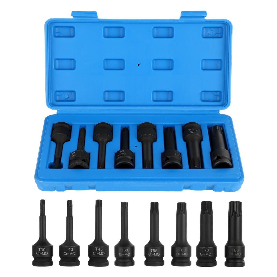Zestaw nasadek udarowych Torx, T30 T40 T45 T50 T55 T60 T70 T80 Cr-Mo, zestaw nasadek bitowych Torx 0,5 cala z etui do przechowywania