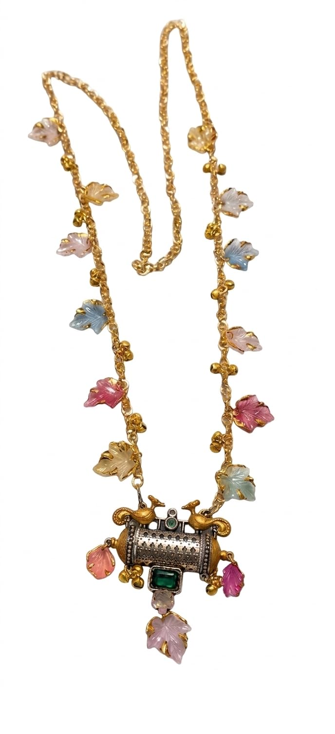 Kamarband Waist Belt with Pastel Leaf Charms and Oxidised Pendant, Ethnic Bridal Jewellery-image-42
