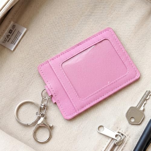Image of 2 Pack Slim Credit Card Holder Back /Front Pocket Purse Wallets, Faux Leather ID Badge Holders for Carrying Keys, Metro Cards, with Metal Clasps&Key Rings (Black, pink)