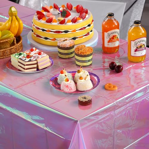 Image of 6 Pack Light Purple Plastic Tablecloths for Rectangle Tables, Shiny Disposable Laser Rectangle Table Covers Holographic Foil Tablecloth Iridescent Party Decoration Birthday Bridal Wedding, 39x108 Inch