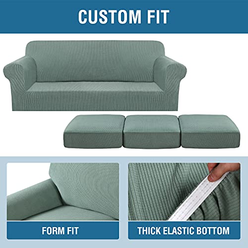 H.versailtex 4 Piece Stretch Sofa Covers For 3 Cushion Couch Covers For Living Room Furniture Slipcovers (Base Cover Plus 3 Seat Cushion Covers) Upgraded Thicker Jacquard Fabric (Sofa, Sage) #TOP3