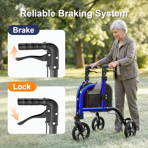 Image of 3 Wheel Walkers for Seniors, Foldable Narrow Wheeled Rollator, Blue