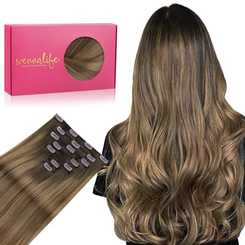 WENNALIFE Clip in Hair Extensions Real Human Hair, 14 Inch 120g 7pcs Human Hair Extensions Clip In Human Hair, Light Ash Brown to Warm Chocolate Highlighted Caramel Blonde Hair Extensions Clip In Real