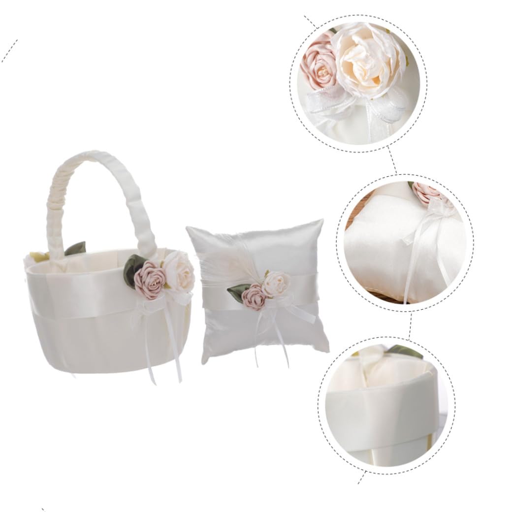 SHINEOFI Panier de Demoiselle D'honneur Mariage 2 Pièces Coussin D'alliances en Satin Blanc et Nœud en Dentelle, Décoration Fleurs, Accessoire Cérémonie Romantique