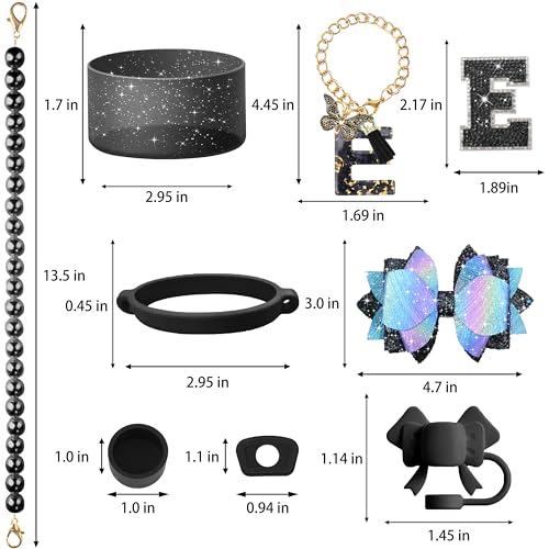 Hpebl 9PCS Black for Stanley Cup Accessories Set Bling Initials Bow Charms for Stanley Decorations 30/40 Oz Tumbler Accessories Including Bow Straw Topper, Handle Strap, Spill Stopper（Letter E） - image 3