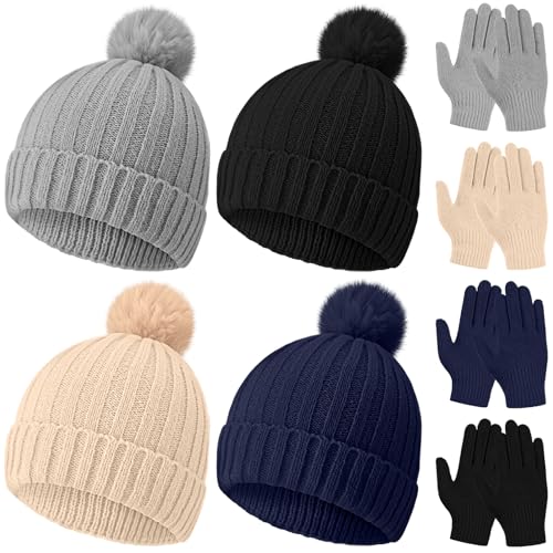 Image of JaGely Kids Beanie and Glove Set Winter Snow Warm Hat and Gloves Unisex Knit Hat with Pompom Full Fingers Ski for Boys Girls