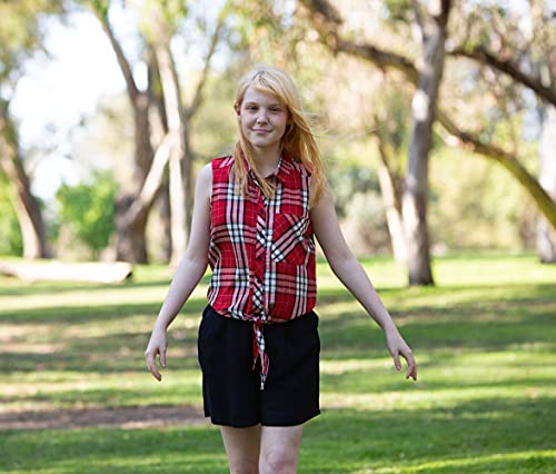 Image of Little Big Girls Sleeveless Woven Plaid Button Down Shirts with Collar Red Black Navy Color