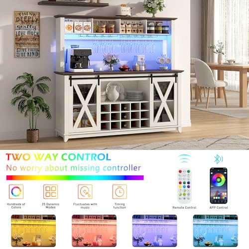 63"Wide 58"H Farmhouse Coffee Bar Cabinet with LED Light,Wine Bar Cabinet w/ 4 Storage Hutch,Kitchen Buffet Cabinet w/Sliding Barn Door & 15 Wine and Glass Racks for Kitchen Dining Room(Antique White) - Image 5