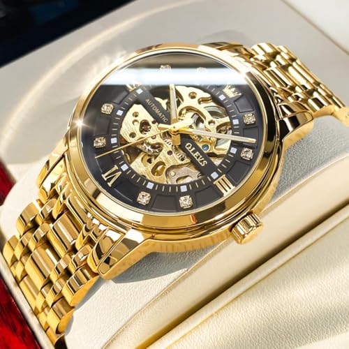 Image of OLEVS Men's Gold Skeleton Watch Automatic Mechanical self Winding Luxury Dress Stainless Steel Waterproof Luminous Wrist Watches