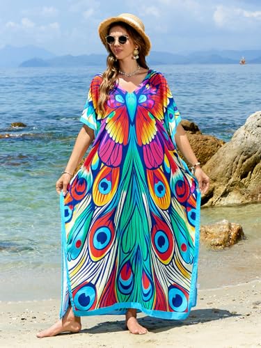 Image of sunforyou Kaftan Dresses for Women Plus Size Lightweight Swimsuit Cover up Batwing Sleeve Print Loungewear Beach Robe
