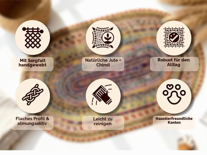 Craft Trade Bunt Boho Jute Teppich Reversibel Geflochten Handgewebt Oval Flickenteppich für Küche Wohnzimmer und Schlafzimmer- 120 x 180 cm