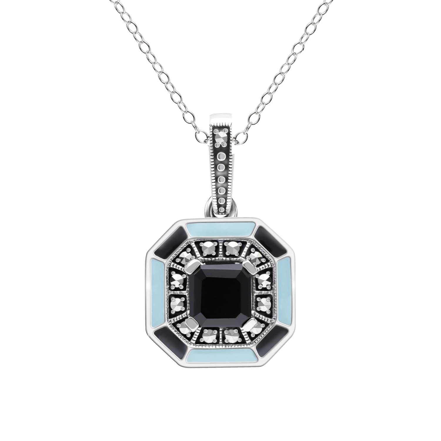 Marcasite Sterling Silver Square Cut Black Onyx Marcasite & Enamel detailed Art Deco Pendant on 45cm Chain